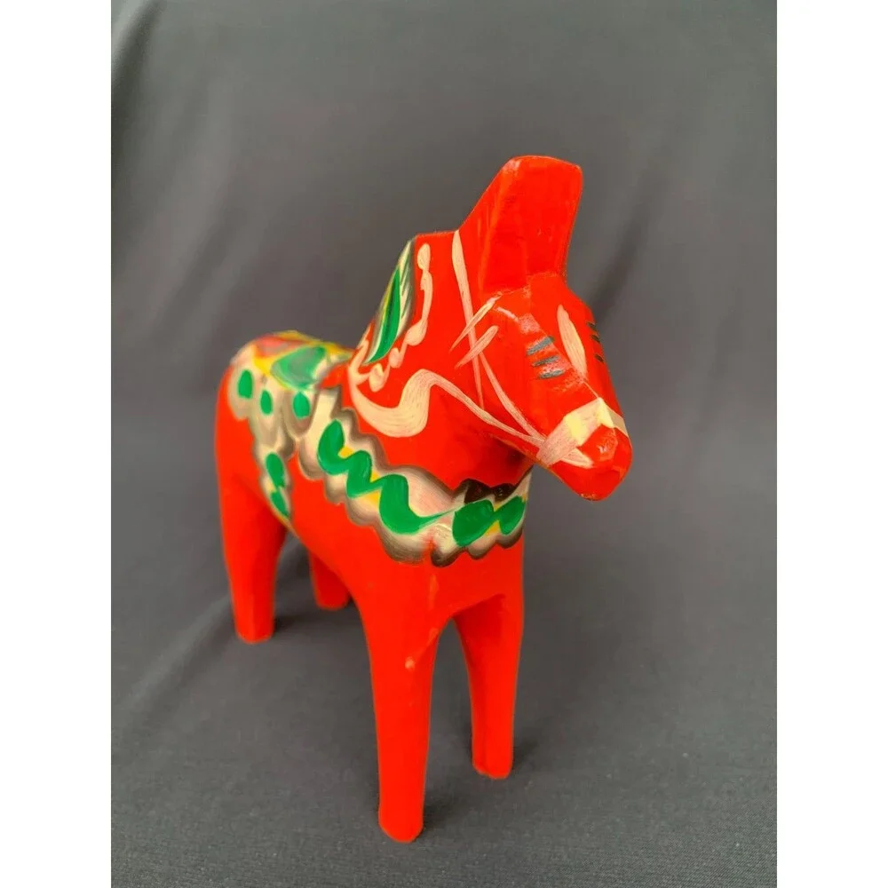 Vintage Swedish Dala Horse Wood Carving Red-Orange Nils Olsson Sweden 5 1/8”